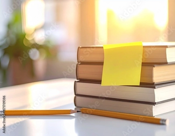 Obraz Stack of Books with Blank Notes on Study Desk