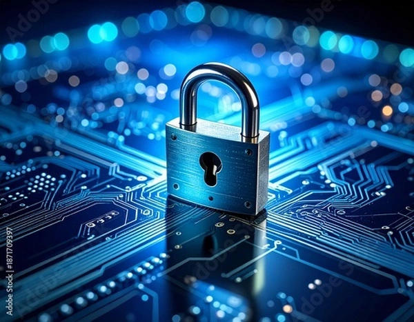 Obraz Cybersecurity Concept with Padlock on Circuit Board
