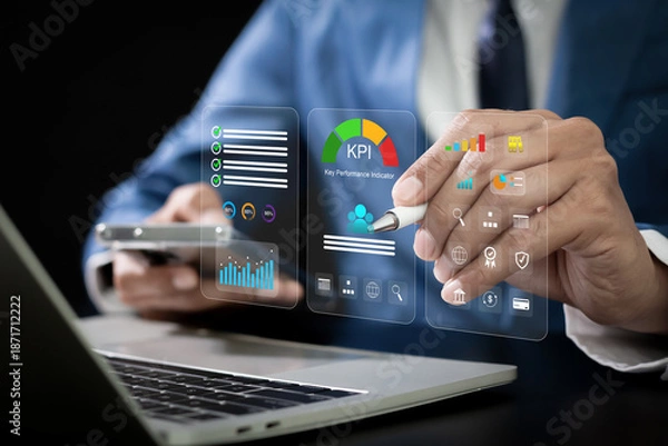 Obraz Key Performance Indicators business analysis on modern virtual interface dashboard.