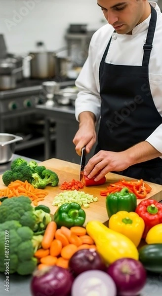 Obraz Chef preparing fresh vegetables in a professional kitchen setting.