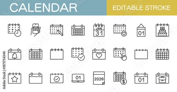 Fototapeta カレンダーのアイコンセット・スケジュール、イベントなど（線幅変更可能）