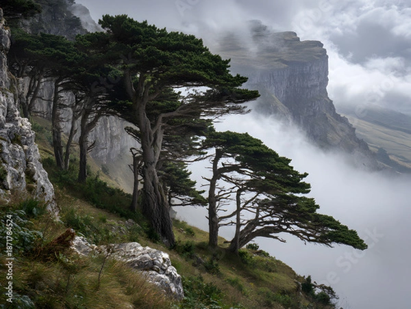 Obraz Green Trees on Misty Cliffside Overlooking Cloudscape