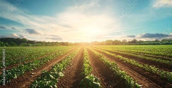 Obraz Sunlit agricultural fields at dawn