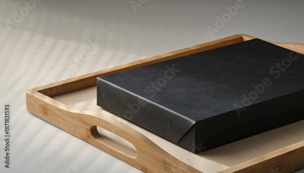 Obraz A black, wrapped rectangular object rests on a wooden tray in soft light