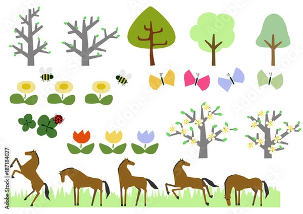 Fototapeta 野生馬の群れと春の植物のパーツ。素材集。イラスト素材。