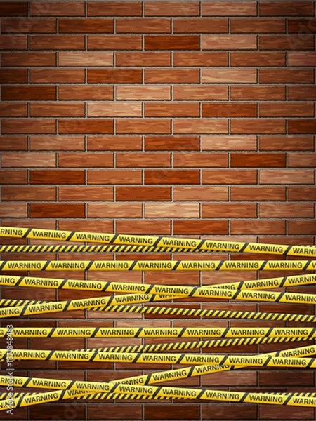 Obraz Warning tape on bricks background. Vector illustration.