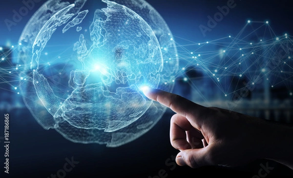 Fototapeta Businessman using planet earth network sphere 3D rendering