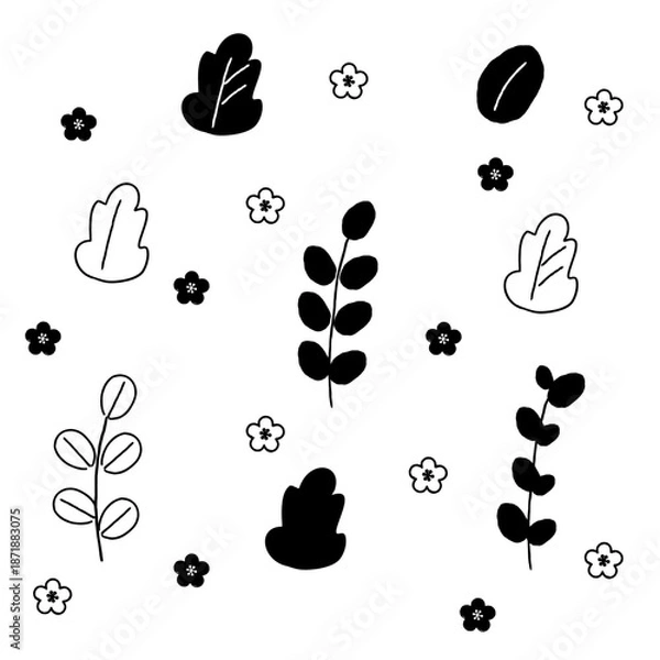 Obraz 手描き風の葉と花の並んだ植物パターン素材