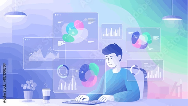 Fototapeta Data Analyst Immersed in Visualized Analytics and Insights on Screen.