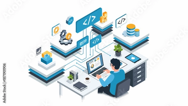 Fototapeta Isometric Software Development Programmer Coding with Data and Cloud Services.