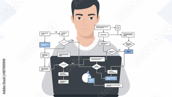 Fototapeta Man Analyzing Flowchart on Laptop Screen Software Development Concept.