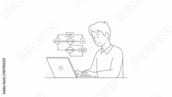 Fototapeta Man working on laptop with flowchart problemsolving and decisionmaking concept.