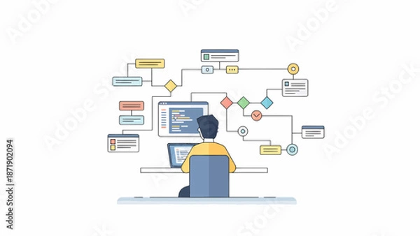Fototapeta Person Working on Complex Flowchart on Computer Screens.