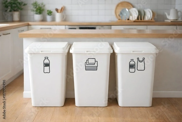 Obraz 日本のキッチンにある整理整頓されたゴミ分別エリア｜環境に配慮した丁寧な暮らし