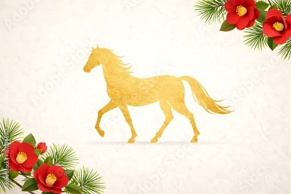 Obraz 和紙背景に金箔で描かれた馬のシルエット｜椿と松を配した上品な和風デザイン