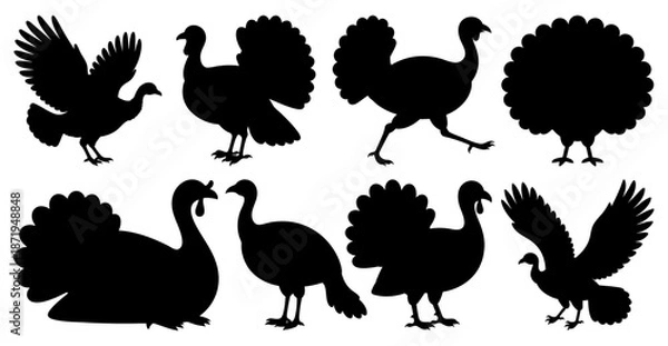 Obraz Turkey Bird Silhouette Vector Set Isolated on Transparent Background