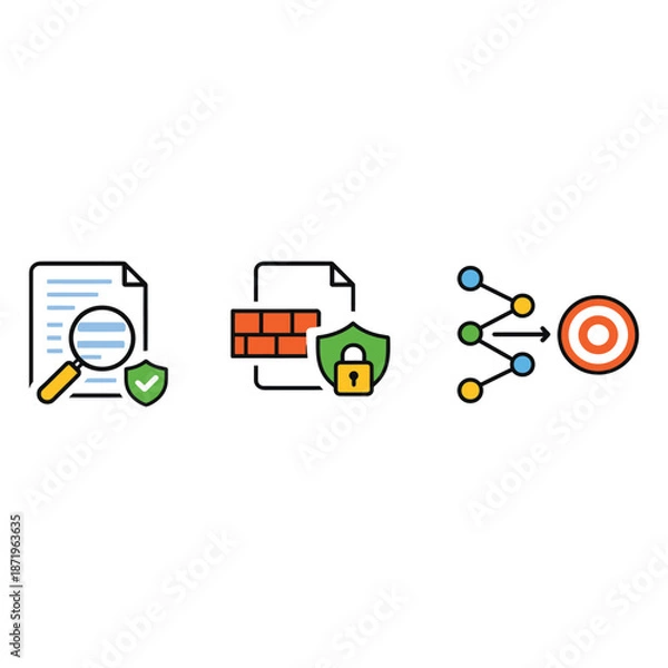 Fototapeta Document Verification, Firewall Security and Data Flow Target Optimization Icons