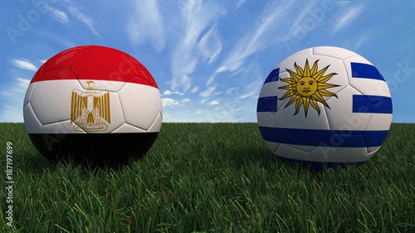 Fototapeta 3D soccer balls with Uruguay and Egypt flag, World Cup 2018. Placed on 3d grass. Background isolated with clipping path.