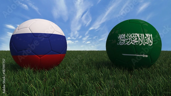 Fototapeta 3D soccer balls with Russia and Saudi Arabia flag, World Cup 2018. Placed on 3d grass. Background isolated with clipping path.