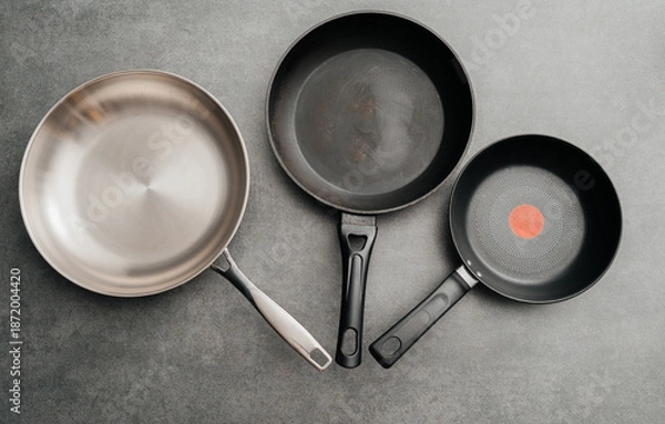 Fototapeta Different Frying Pans Comparison Flat Lay