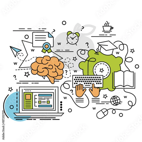 Fototapeta Flat colorful design concept for E-Learning. Infographic idea of making creative products..Template for website banner, flyer and poster..