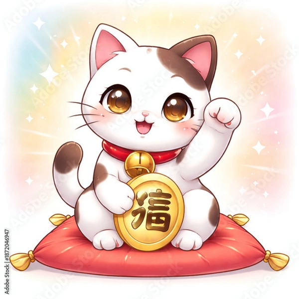 Fototapeta ゆるかわ招き猫のイラスト（福を呼ぶ開運キャラ）