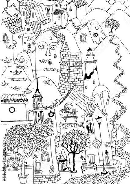Fototapeta vector sketch of houses, orange trees and rolling hills, cute style