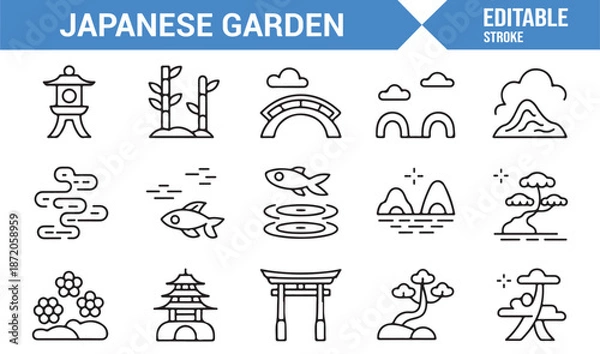 Obraz Japanese garden editable vector icon set with Zen elements