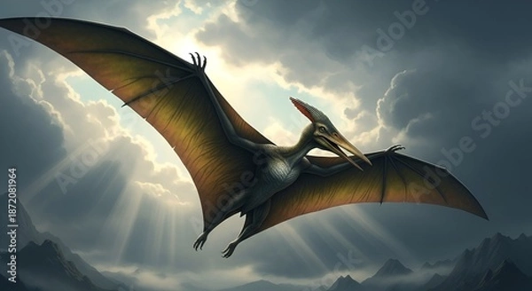 Obraz A large pterosaur flies through a dramatic cloudy sky with mountains