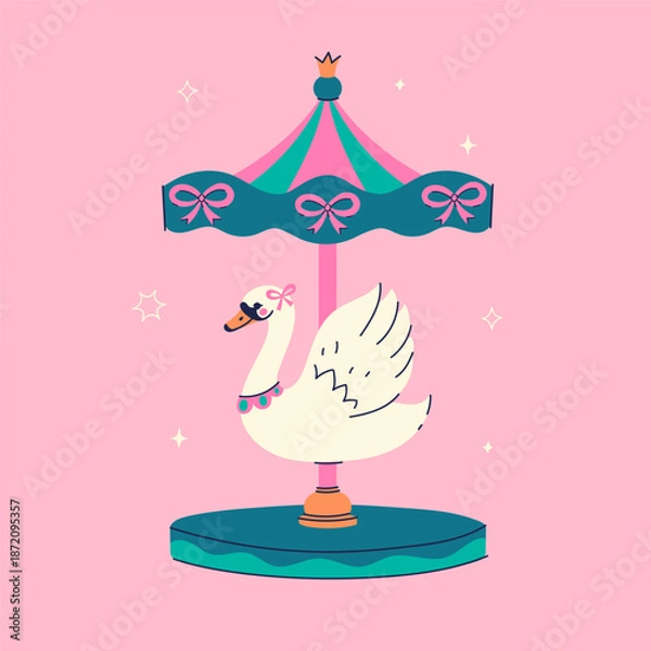 Obraz Carousel with a cute swan on a pink background. Vector graphics.