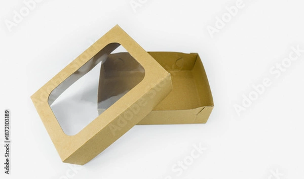 Obraz Empty brown paper box with transparent window isolated on white