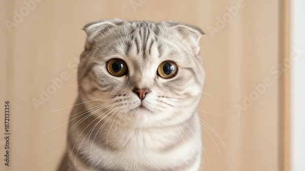 Obraz スコティッシュフォールド 部屋でくつろぐ耳の折れた猫