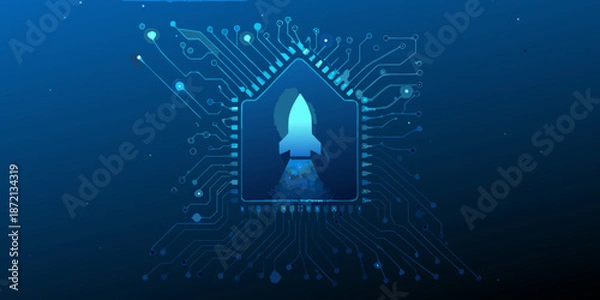 Obraz Digital launch a rocket taking off within a circuit board frame