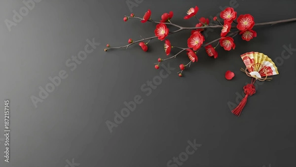 Fototapeta 紅梅と金箔のシックな和風背景。消炭色の背景に右上の季節アイテム。高級感のある広告やWebデザインに最適な余白素材。
