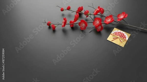 Obraz 紅梅と金箔のシックな和風背景。消炭色の背景に右上の季節アイテム。高級感のある広告やWebデザインに最適な余白素材。