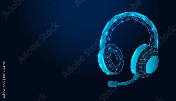 Obraz Low poly wireframe gaming headset with microphone on dark blue background.