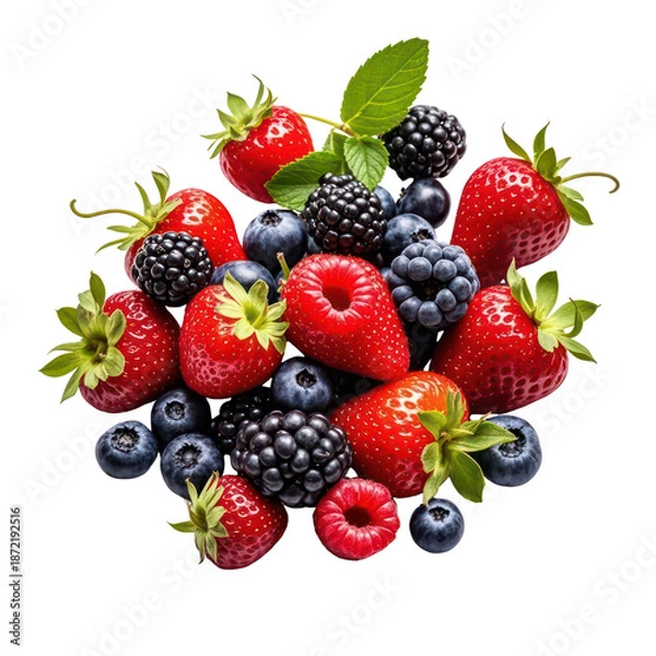 Obraz Floating Fresh Mixed Berries Isolated on Black Background, Generative AI