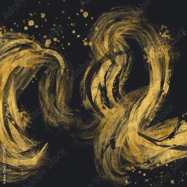 Fototapeta 海や波のイメージの金色のブラシストロークの抽象背景。黒背景正方形和風バナー
