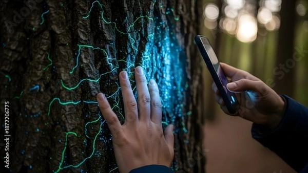 Obraz Hands interacting with glowing tree in forest with smartphone