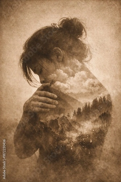 Obraz Tender self‑embrace with clouds and dew