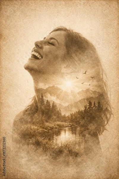Obraz Lighthearted laughter double exposure silhouette