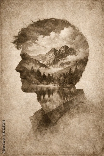 Obraz Contemplative seated double exposure figure