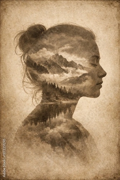 Obraz Connected silhouettes double exposure forest scene