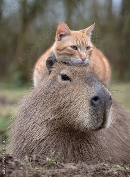Obraz Ginger cat atop capybara