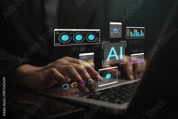 Obraz Hands typing laptop with AI dashboards, data charts, analytics panel, representing artificial intelligence software, machine learning workflow, data visualization, modern digital business technology.