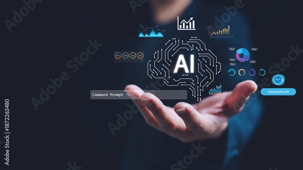 Obraz Hand presenting artificial intelligence interface with AI brain icon, data charts, command prompt, representing generative AI, data analytics, machine learning, modern business technology innovation.