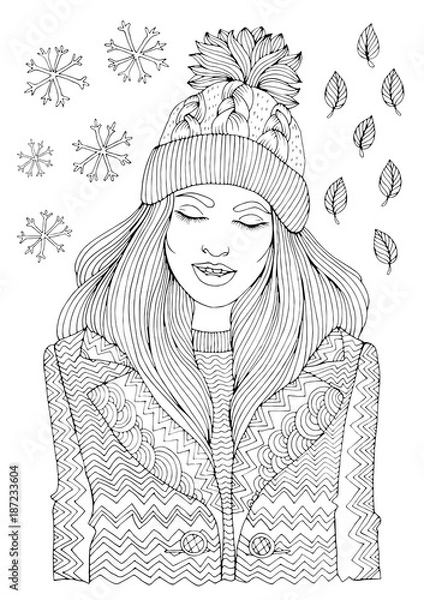 Obraz Vector hand drawn fashion smiling girl in a warm knitted hat and coat, autumn winter season. Pattern for coloring book A4 size. .Coloring book for adults.
