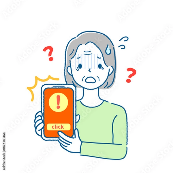 Obraz スマートフォンでネット詐欺に困惑するお年寄り女性のイラスト