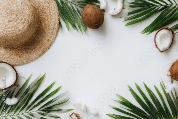 Obraz Tropical summer frame with straw hat and coconuts