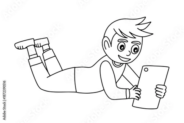 Fototapeta Boy using tablet hand drawn vector sketch
